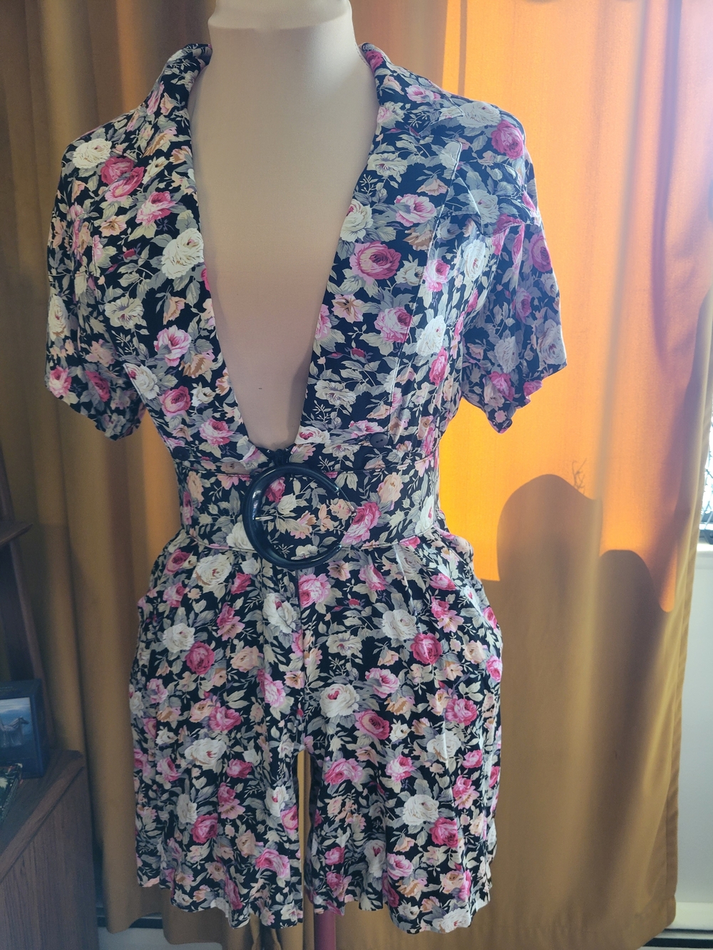 Floral V-Neck Short Sleeve Romper with Waist Belt - Black/Pink
